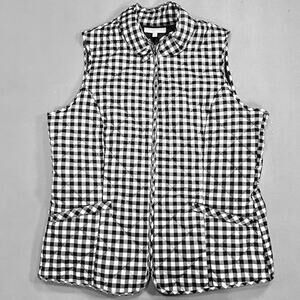 Talbots Vest Women’s L Black White Gingham Plaid Quilted Puffer Western Preppy